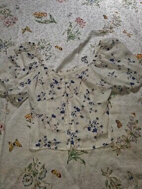 Sienna Sky White Puff-Sleeve Blouse with Blue Floral Print